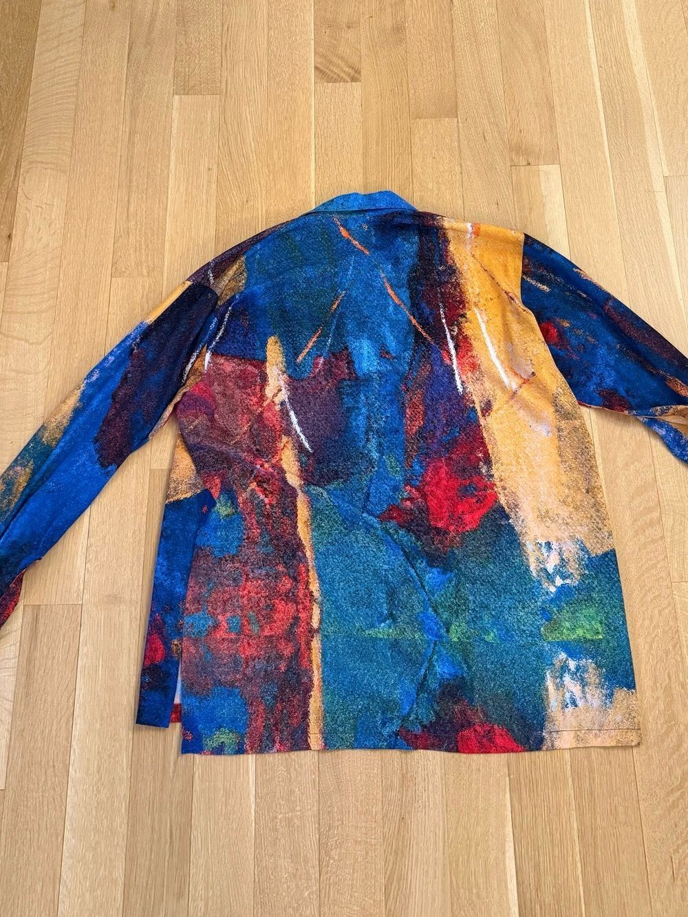 Abstract Paint-Splatter Button-Up Shirt in Blue, Yellow, Red - Picture 5 of 6